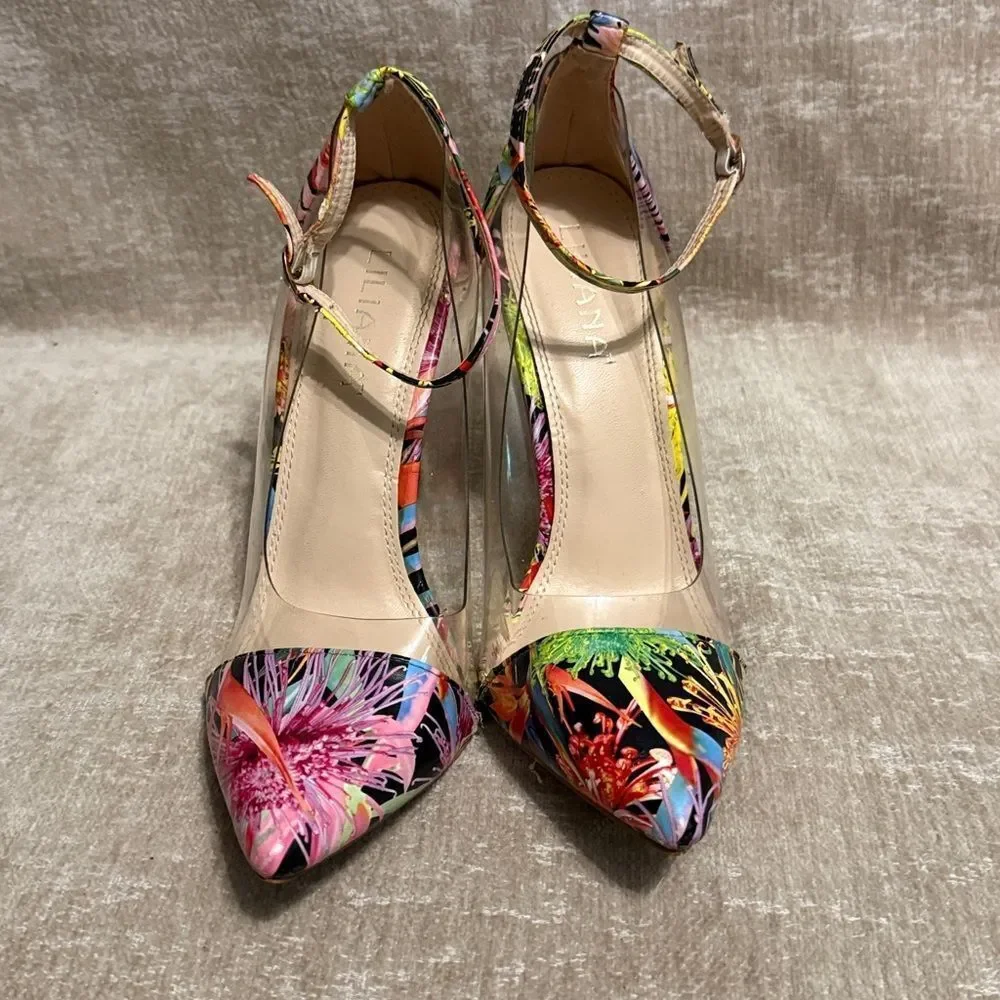 Liliana women's satin floral lucite pointy toe ankle strap stiletto pumps